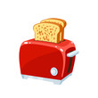 Breakfast, delicious start to the day. Red retro toaster with hot toasts. Vector illustration cartoon flat icon isolated on white.