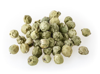 Heap of green peppercorns isolated on white background