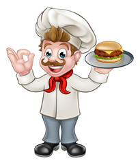 Canvas Print - Chef Holding Burger Cartoon Character