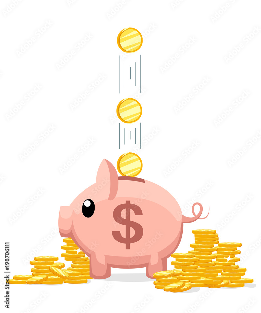 Pink coin box. Piggy bank with falling gold coins. The concept of ...