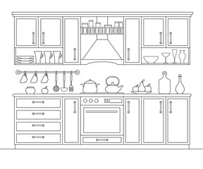 Wall Mural - Kitchen interier in outline style. Vector linear illustration. Plan of the room with furniture.