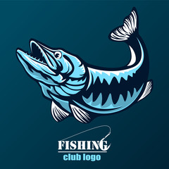 Vector illustration of jumping pike isolated. Vintage fishing emblem.