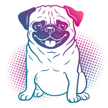 Pug Dog Pop Art Style Illustration In Bright Neon Rainbow Colors, With Halftone Dot Background, Isolated On White. Dogs, Pets, Animal Lovers Theme Design Element.