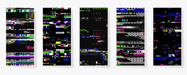 Fototapete - Glitch backgrounds set. Mobile device screen error. Digital pixel noise abstract design. Device signal fail. Gadget data decay. Glitch tv wallpaper. Monitor technical problem.