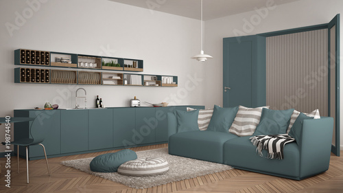 Scandinavian Modern Living Room With Kitchen Dining Table Sofa - Dining Table On Rug Scandinavian Modern Living Room With Kitchen Dining Table Sofa - Dining Table On Rug