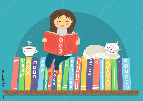 Girl Reading Book Little Girl Siting On Bookshelf With White