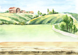 Old farm in rural landscape and empty table as background. Watercolor hand drawn illustration