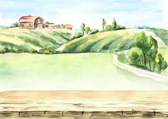 Wall Mural - Old farm in rural landscape and empty table as background. Watercolor hand drawn illustration