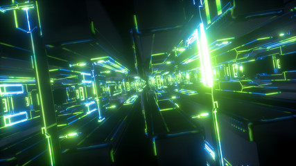 3d render, abstract futuristic background, urban power station, tunnel, green electric light, geometric structure, big data storage, quantum computer, cyber safety, virtual reality