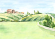 © dariaustiugova - Old farm in rural landscape. Watercolor hand drawn illustration