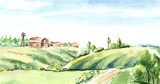 Old farm in rural landscape. Watercolor hand drawn horizontal illustration