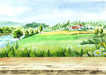 Wall Mural - Rural landscape with river and empty table as background . Watercolor hand drawn illustration