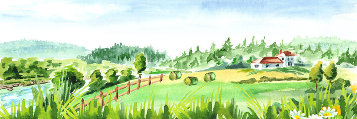 Wall Mural - Rural landscape with river and farm. Watercolor hand drawn horizontal illustration