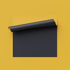 Wall Mural - 3d render curled corners of note paper. Sheet of paper with page curl and shadow, design element for advertising and promotional message. Yellow and black creative background, modern mock up.