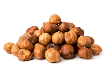 Wall Mural - Pile of hazelnuts on white background isolated.