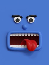 3d Render, Emotional Cartoon Face, Angry Emoticon, Scared Emotion, Screaming, Blue Monster