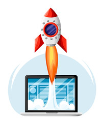 Successful startup business concept. Laptop with Rocket Start. Business Project development, website promotion. Vector illustration in flat style. Website page and mobile app design