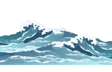  Sea waves in oriental vintage ukiyo-e style. Hand drawn realistic vector illustration on white background.