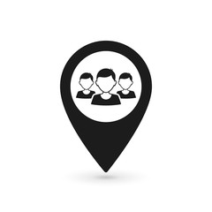 Poster - Meeting point location icon. Gps mark silhouette symbol. Group of people inside pinpoint. Vector isolated illustration
