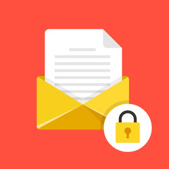 Poster - Email security, e-mail protection. Yellow envelope with document and lock icon. Letter and padlock. Vector icon