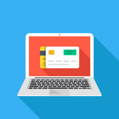 Poster - Credit card on laptop screen. Notebook and white plastic card. Online payment, pay online concepts. Modern flat design graphic elements. Vector illustration