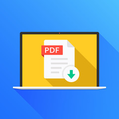 Aufkleber - Download PDF button on laptop screen. Downloading document concept. File with PDF label and down arrow sign. Modern long shadow flat design. Vector illustration