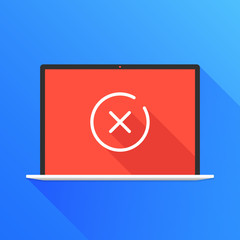 Poster - x mark on laptop screen. notebook and thin line cross mark icon, white round close button. modern fl