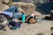 Tourist people resting in camp and dry the shoes after mountain hiking in yosemite national park