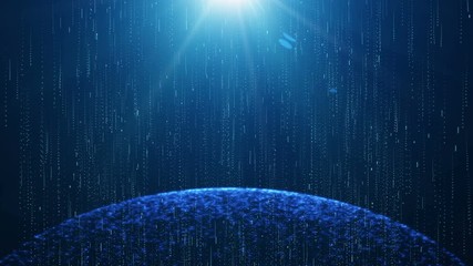 Leinwandbilder - Hi Technology Scifi Blue Horizon Sphere In Galaxy Space Concept. Animation Graphic Digital Elements Falling With Cyan Flare Sunrise Idea Background.