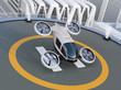 White self-driving passenger drone takeoff and landing on the helipad. 3D rendering image.