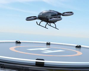 Black self-driving passenger drone takeoff from helipad. 3D rendering image.