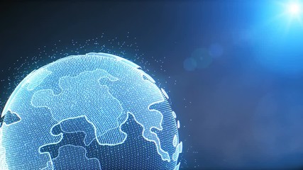 Aufkleber - Earth Rotating Hi Technology Scifi Graphic Animation. Abstract Virtual Futuristic Motion Spin Particle Layer Globe In Galaxy Space With Blue Sun Flare Future Communication Idea.