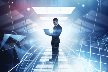 Poster - Man using laptop with globe