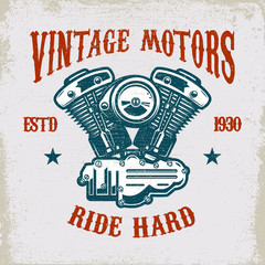 Wall Mural - Vintage motorcycle motor on grunge background. Design element for logo, label, emblem, sign, poster, t shirt.