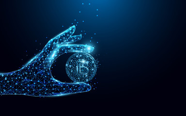 Poster - Abstract hand holding coin form lines and triangles, point connecting network on blue background. Illustration vector