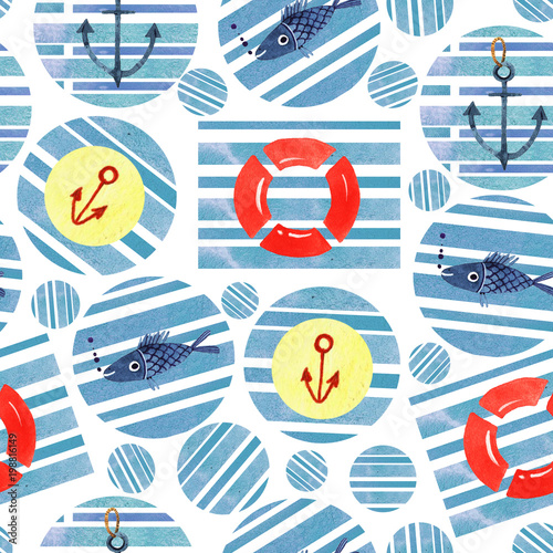 Stoffe zum Nähen akwarela morze element wzór rękę wyciągnąć. ilustracja lato abstrakcja bezszwowe wzór geometryczny z niebieskim tle akwarela