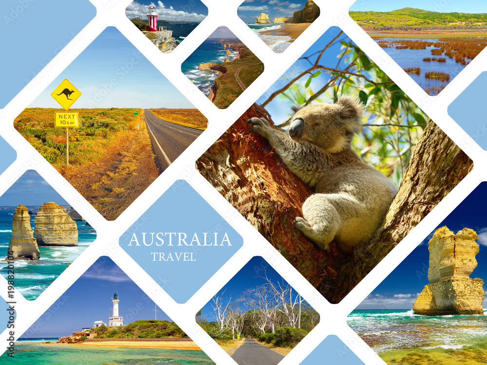 Photo collage of Australia. Great Ocean Road.  Twelve Apostles. Travel - obrazy, fototapety, plakaty 