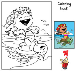 Wall Mural - Happy little baby girl in a swimsuit and a Hawaiian wreath  riding a sea turtle. Coloring book. Cartoon vector illustration