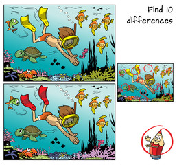 Wall Mural - A boy with mask and flippers diving underwater in the ocean with marine inhabitants. Find 10 differences. Educational game for children. Cartoon vector illustration