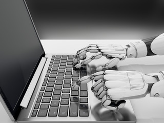 Wall Mural - robotic arms working at the laptop. 3d illustration. side view.