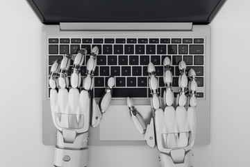 Wall Mural - robotic hands typing on laptop keyboard. 3d illustration. top view.