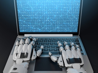 Wall Mural - robot writing a programming code on laptop. 3d illustration. front view.