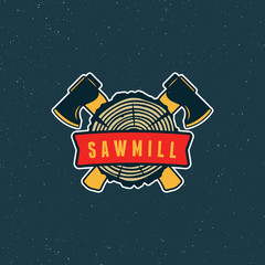 Wall Mural - sawmill logo. retro styled woodwork emblem. vector illustration