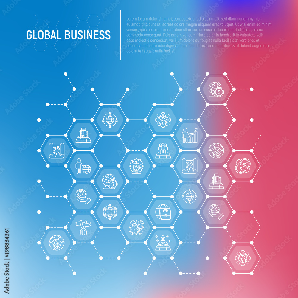 Global business concept in honeycombs with thin line icons: investment ...