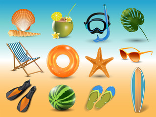 vector illustration of Realistic summer holidays seaside beach icons set isolated on seaside background