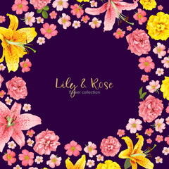 Wall Mural - rose and lily wedding invittion. vector card.