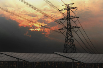 Wall Mural - electricity pylon with solar panels and sunset. concept cleans energy power