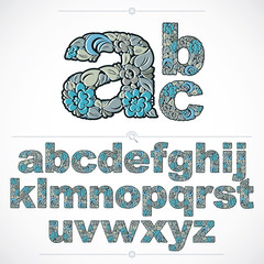 Poster - Ecology style flowery font, vector typeset made using natural ornament. Alphabet lowercase letters created with spring leaves and floral design.
