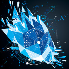Poster - Technical drawing made using lines mesh and geometric circles. Blue perspective vector wallpaper created in low poly modern style, 3d engine design. Layout for business presentations and banners.