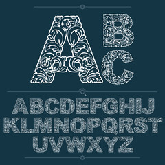Poster - Set of vector ornate capitals, flower-patterned typescript. Black and white characters created using herbal texture.